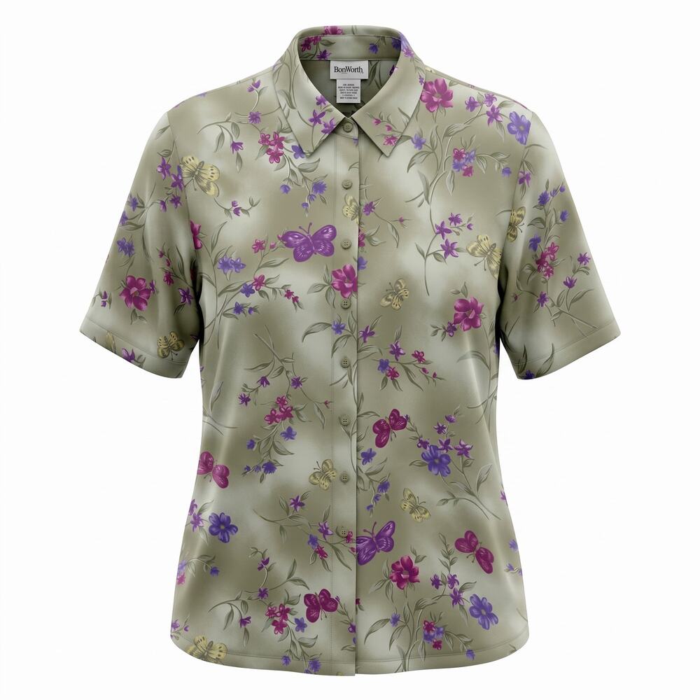 BonWorth Womens M Sage Green Floral Butterfly Button Blouse Y2K Cottagecore